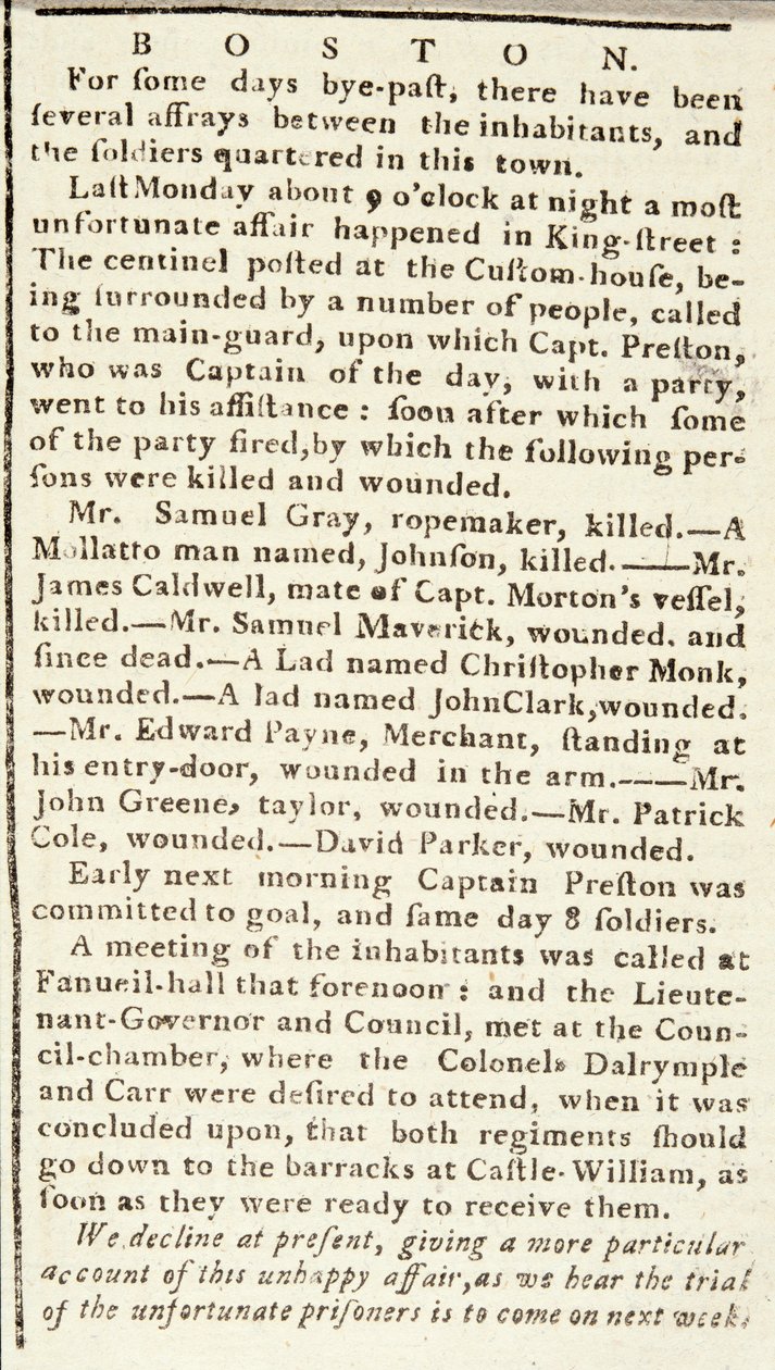 Artikel uit de Boston Chronicle met details over het Boston Bloedbad, 5 maart 1770 (krantenartikel) door American School