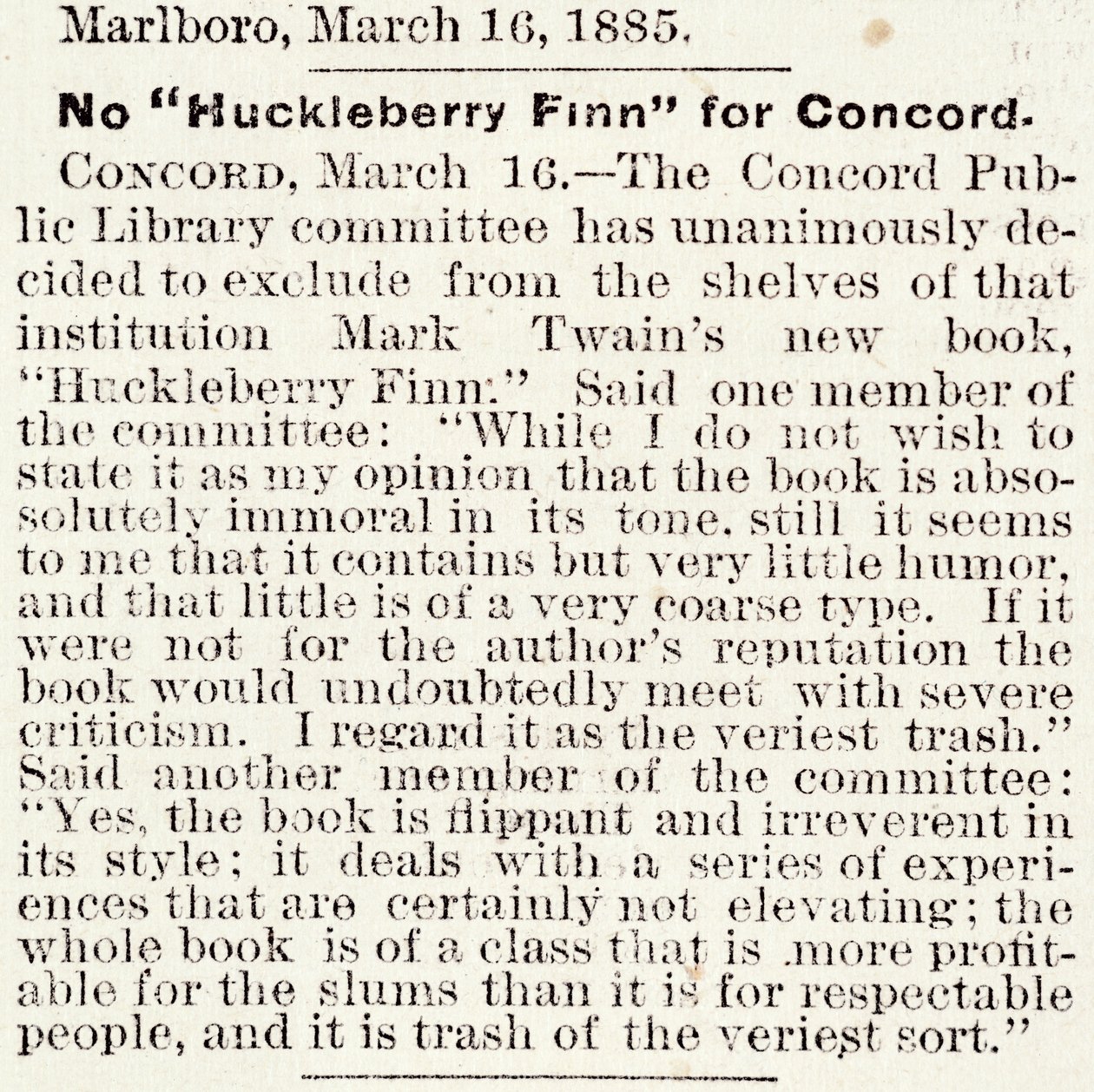 Artikel in de Boston Daily Globe over het verbod op Huckleberry Finn in Concord, Massachusetts, van 16 maart 1885 (krantenartikel) door American School