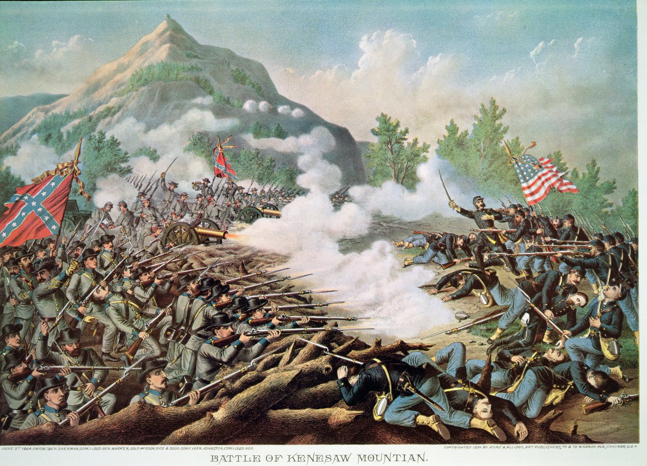 Slag bij Kenesaw Mountain, Georgia, 27 juni 1864, gegraveerd door Kurz & Allison door American School