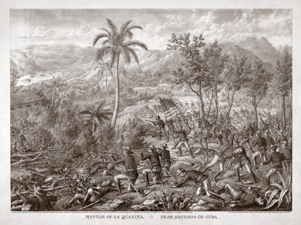 Slag bij La Quasina, bij Santiago de Cuba, pub. 1898 (gravure) door American School