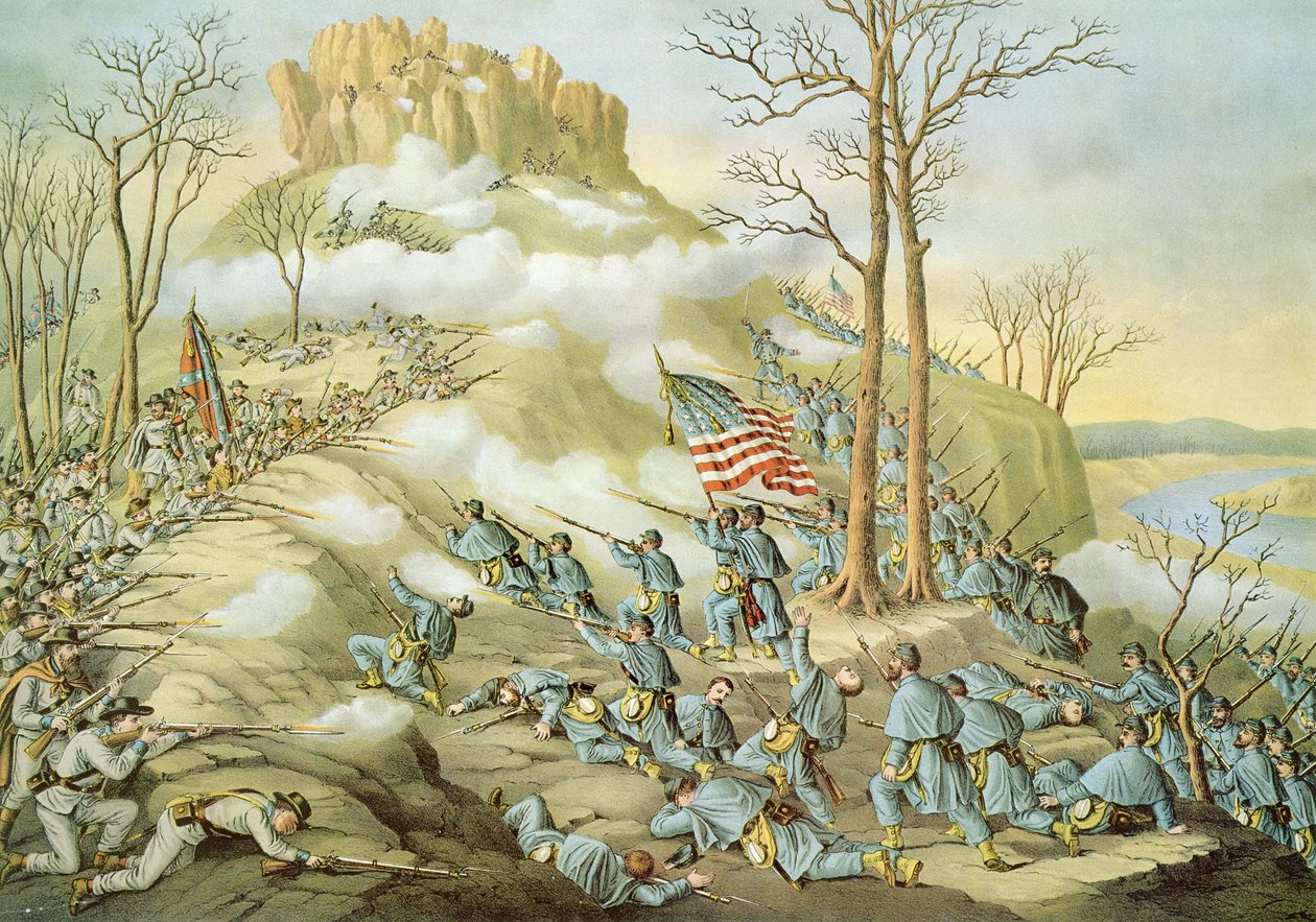 Slag bij Lookout Mountain, 24 november 1863, gegraveerd door Kurz & Allison door American School
