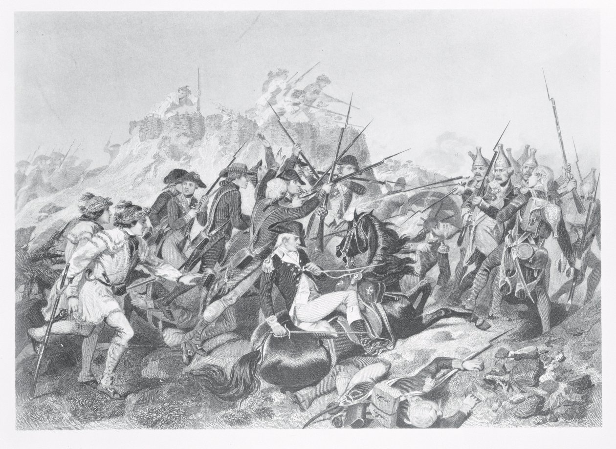 Slag bij Saratoga - Generaal Arnold gewond bij de aanval op de Hessische redoute, 17 oktober 1777 door American School
