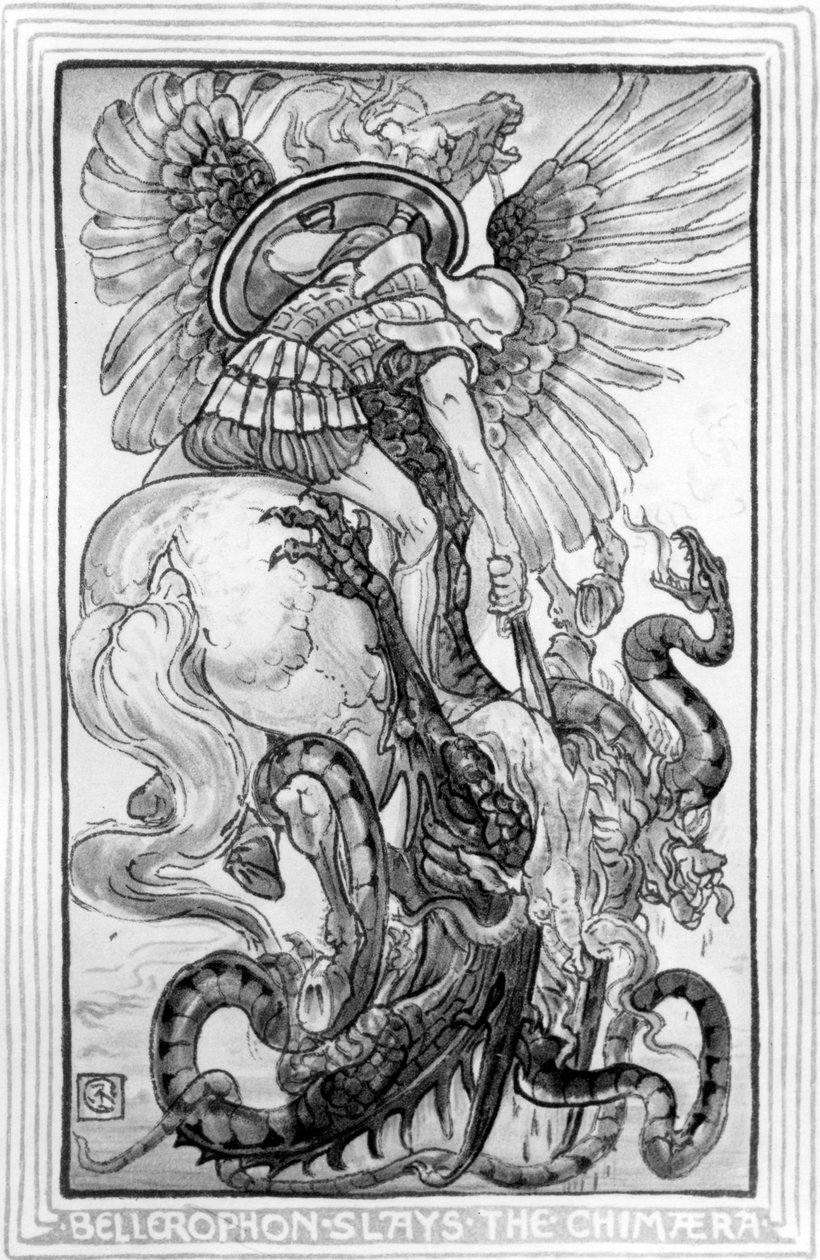Bellepheron doodt de Chimeara, uit The Wonder-Book for Girls and Boys geschreven door Nathaniel Hawthorne, 1852 door American School