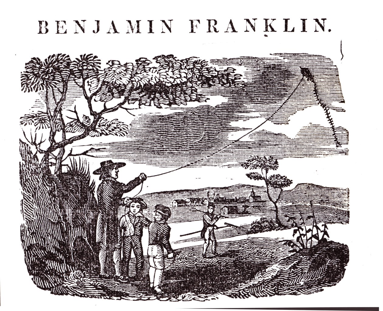 Benjamin Franklin (1706-90) voert zijn vliegerexperiment uit door American School