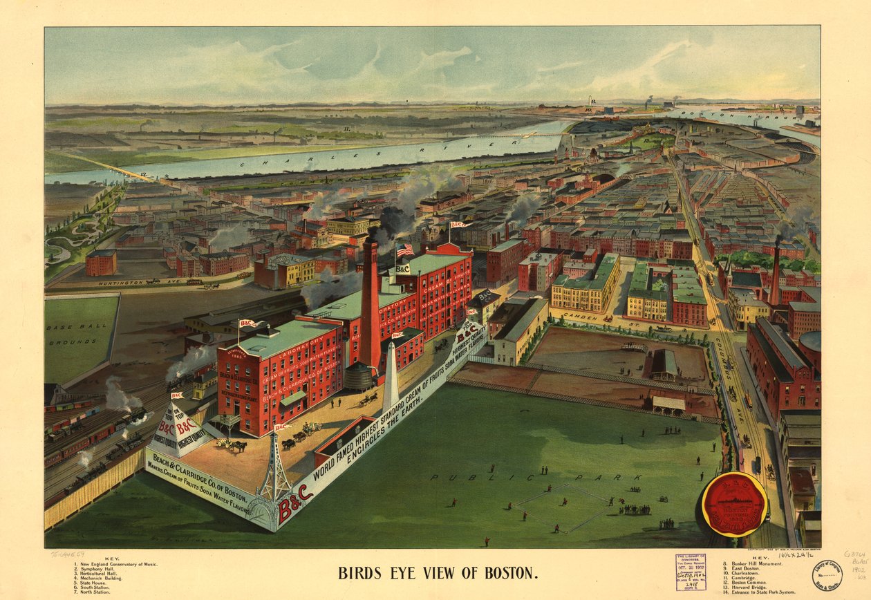 Vogelperspectief van Boston, ca. 1902 (kleur litho) door American School