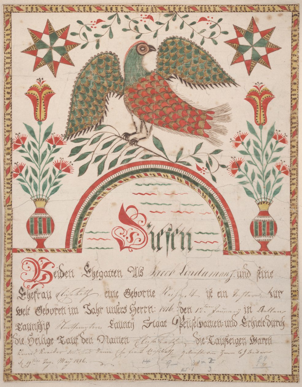 Geboorte- en doopcertificaat voor Elisabeth Lindaman, ca.1820 door American School