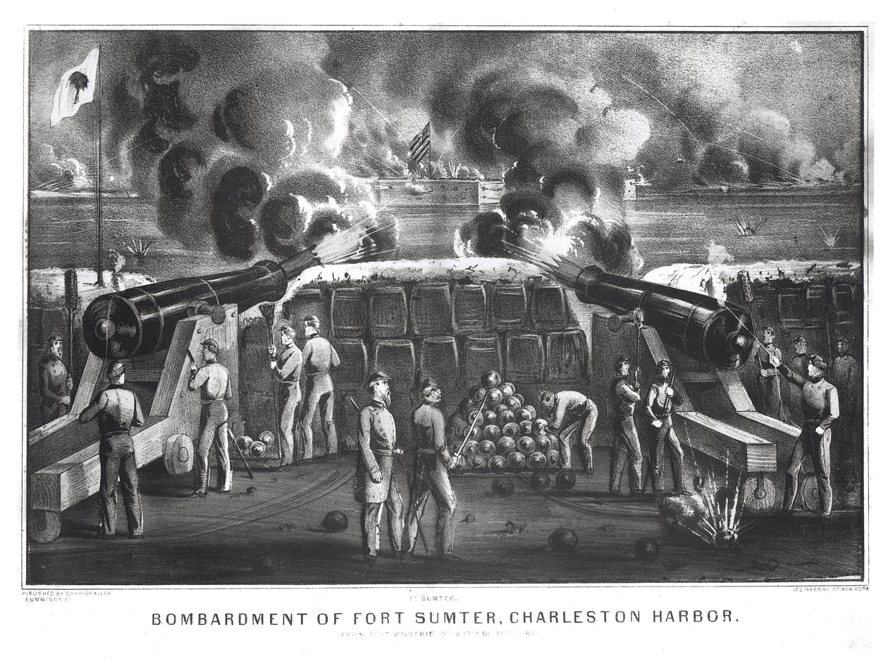 Bombardement van Fort Sumter, Charleston Haven vanuit Fort Moultrie, 12 en 13 april 1861, gepubliceerd door Currier en Ives door American School