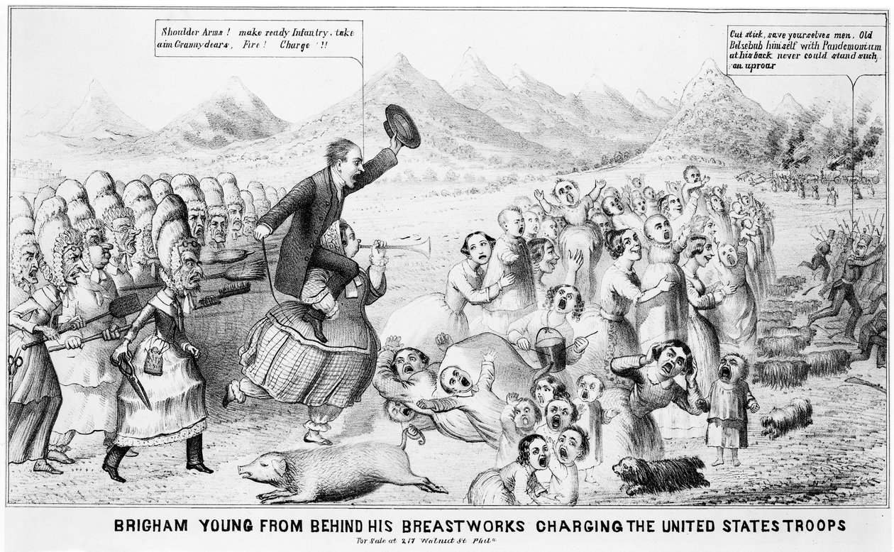 Brigham Young achter zijn borstweringen die de troepen van de Verenigde Staten aanvalt door American School