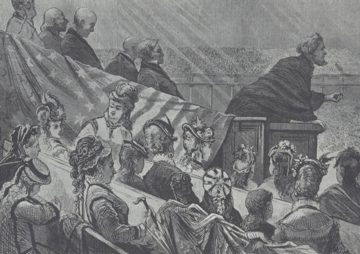 Brigham Young bekeken door zijn vele jonge vrouwen terwijl hij predikt in de Grote Mormoonse Tabernakel, Utah door American School