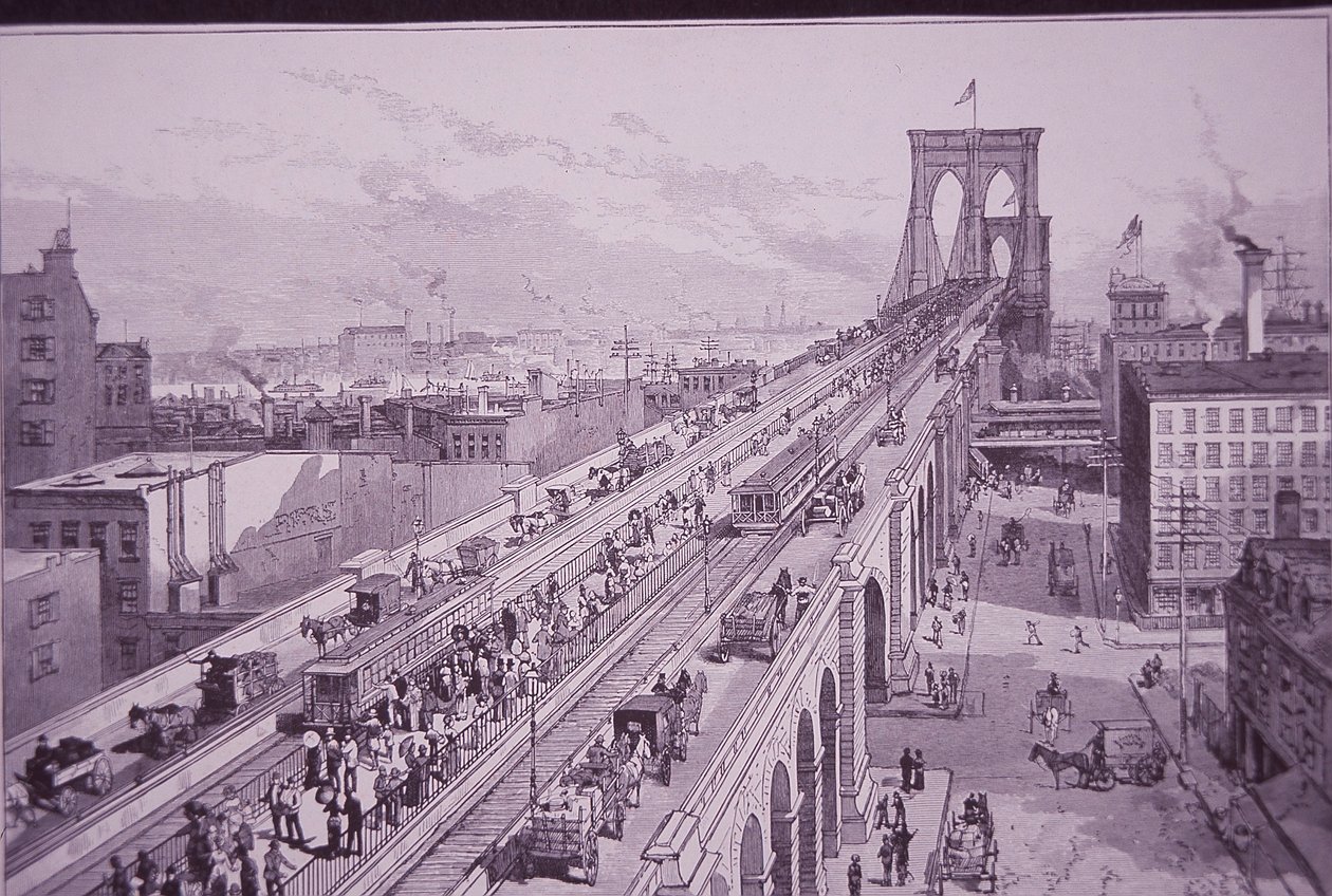 Brooklyn Bridge net na de openingsceremonie, gepubliceerd op 26 mei 1883 (gravure) door American School