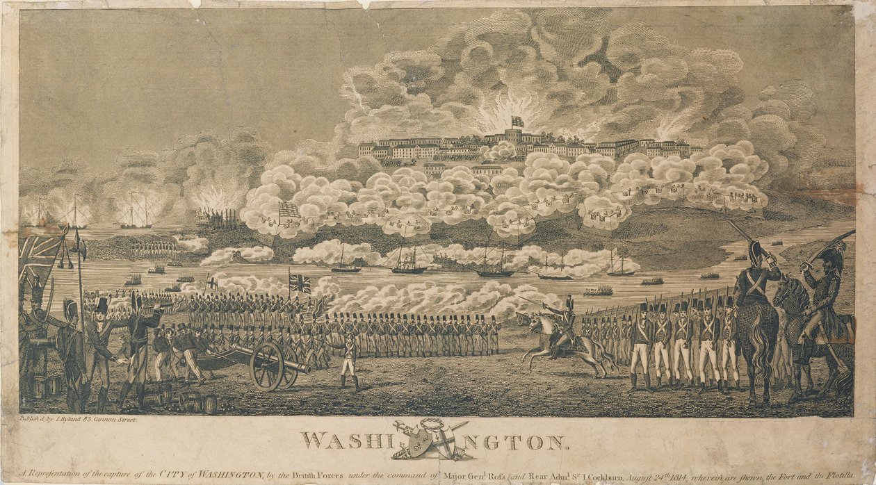 Brand van Washington door de Britten, 24 augustus 1814, gepubliceerd door I. Ryland door American School