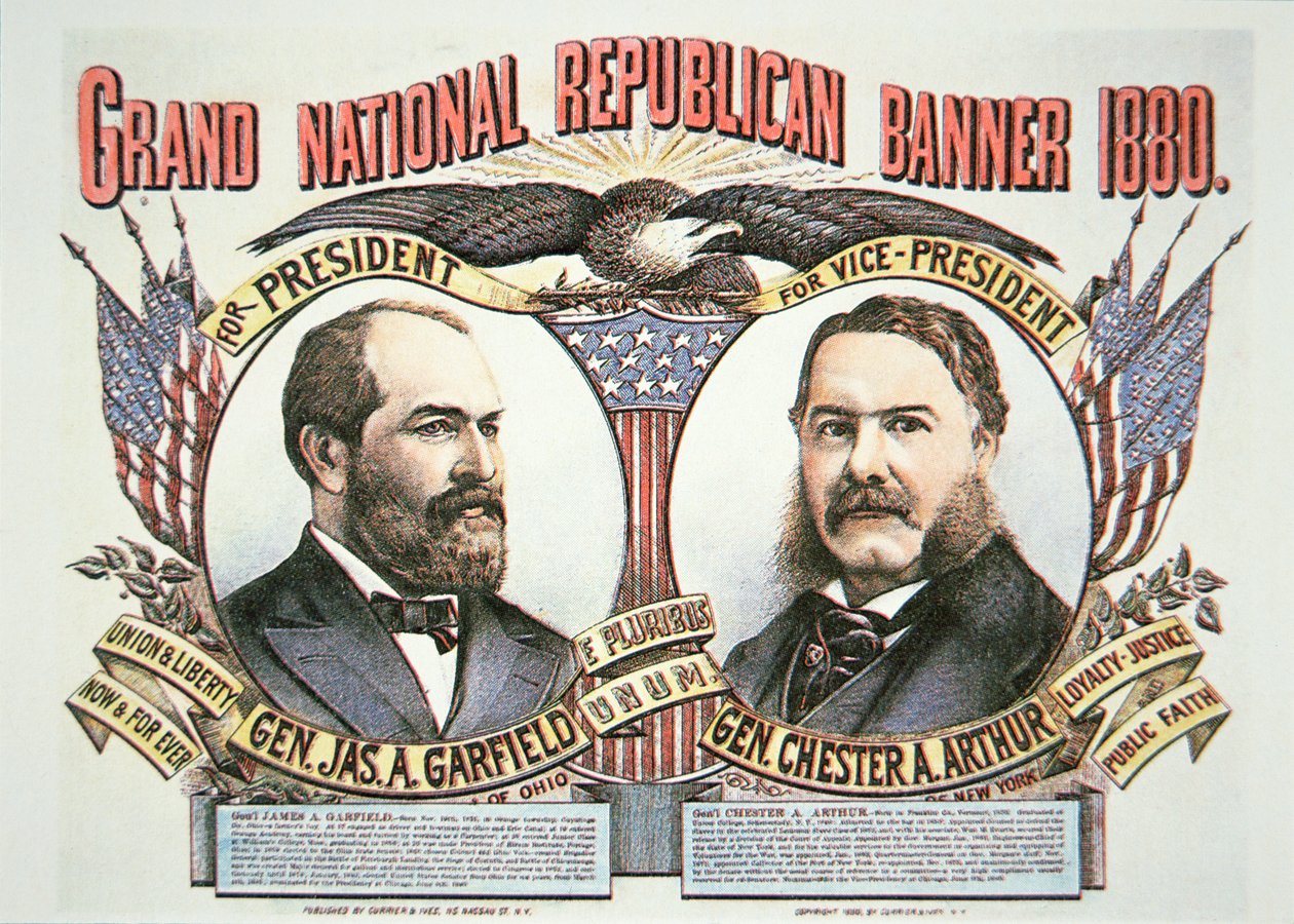 Campagneposter voor presidentskandidaat James A. Garfield (1831-81) en running mate, Chester A. Arthur (1829-86) 1880 (kleur litho) door American School
