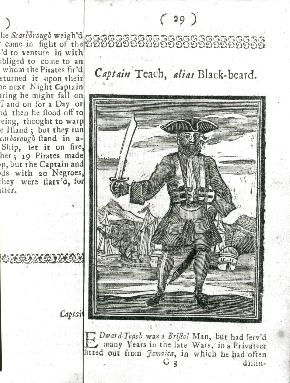 Kapitein Teach, alias Zwartbaard, uit Geschiedenis en levens van alle beruchtste piraten en hun bemanningen, Londen, 1725 door American School