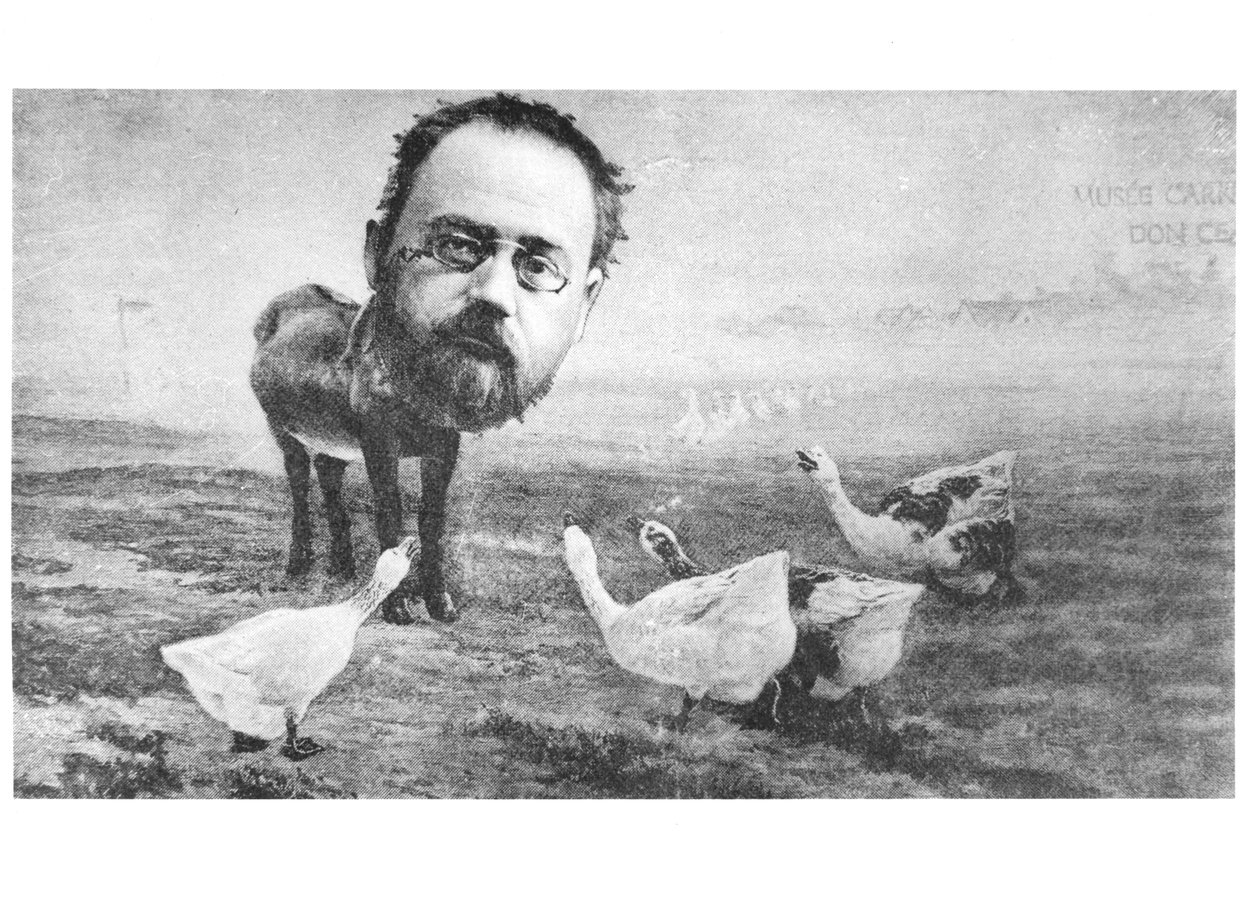 Karikatuur van Emile Zola (1840-1902), de ezel en de ganzen; uit Life, 4 april 1889 door American School