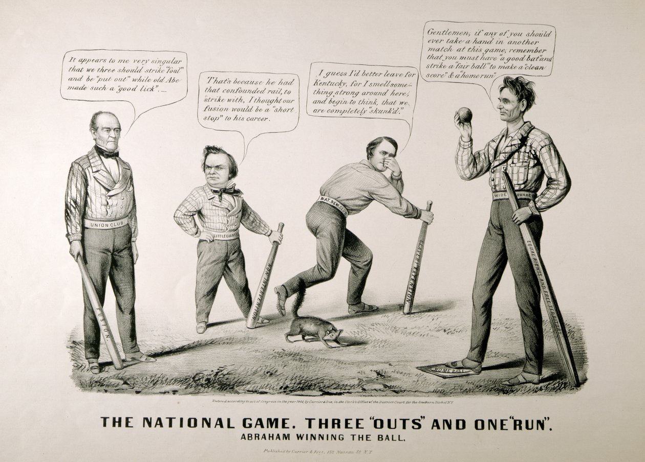 Cartoon met Abraham Lincoln (1809-65) die de bal wint tegen zijn tegenstanders Douglas, Bell en Breckenridge in de presidentsverkiezingen van 1860, 1860 door American School