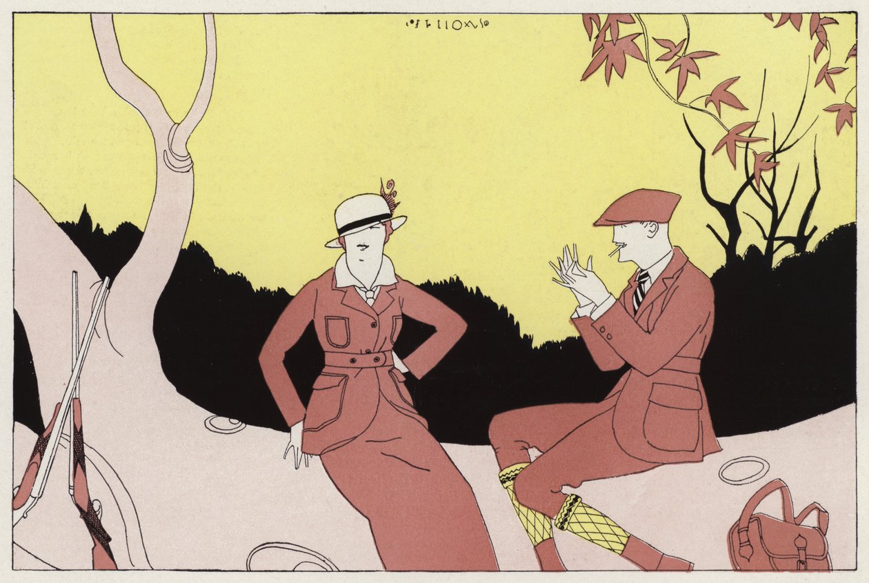Toevallige ontmoeting van een ooit getrouwd stel, een scène uit het korte verhaal A Chance Meeting van J A Waldron (kleurenlitho) door American School