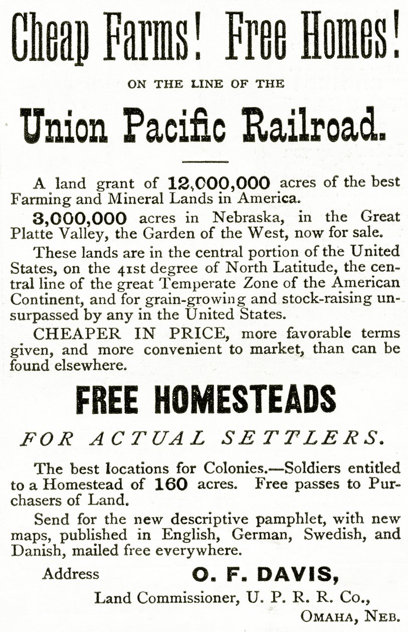 Goedkope Boerderijen en Gratis Huizen langs de Union Pacific Railroad lijn, advertentie uit Appletons Journal, 4 mei 1872 door American School