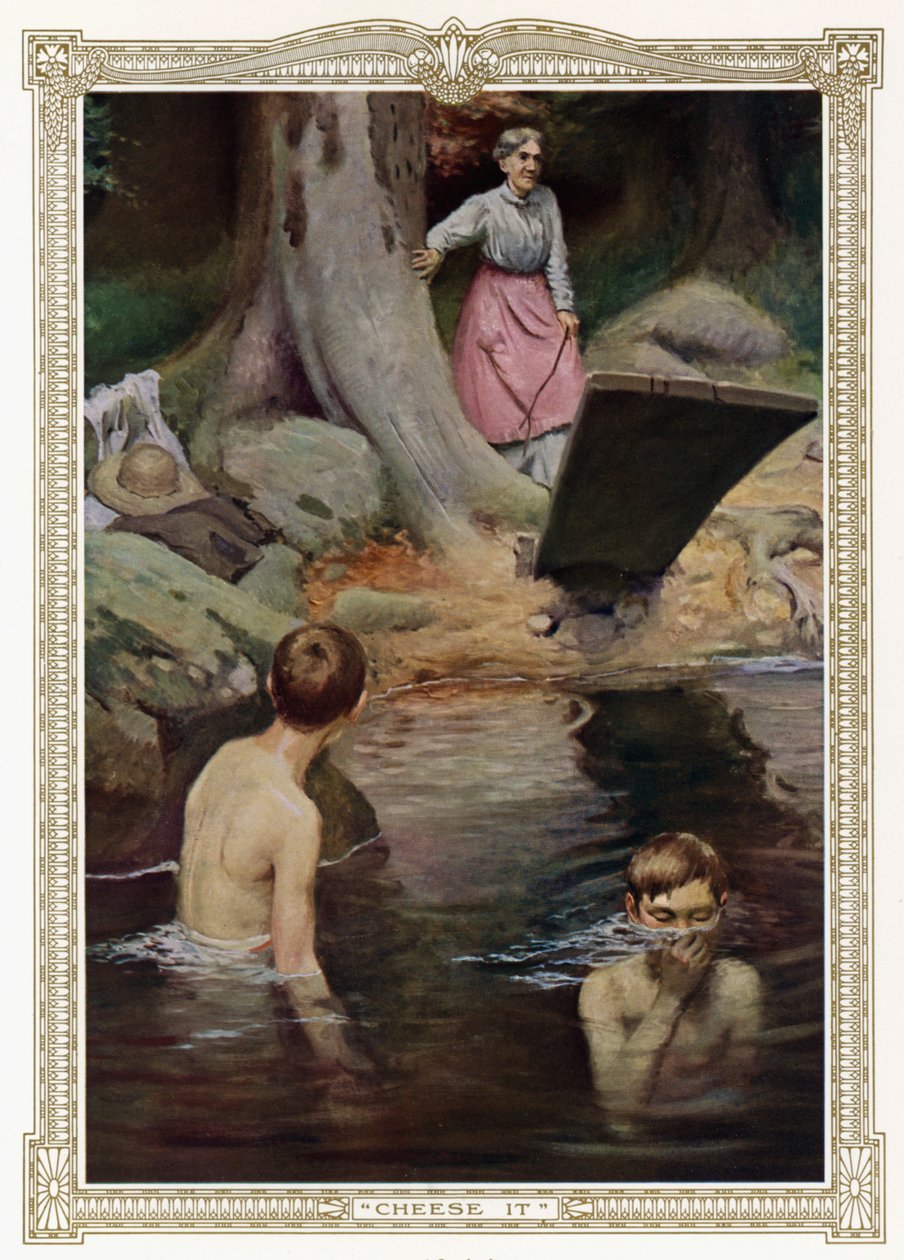 Kaas het, jongens zwemmen (litho) door American School