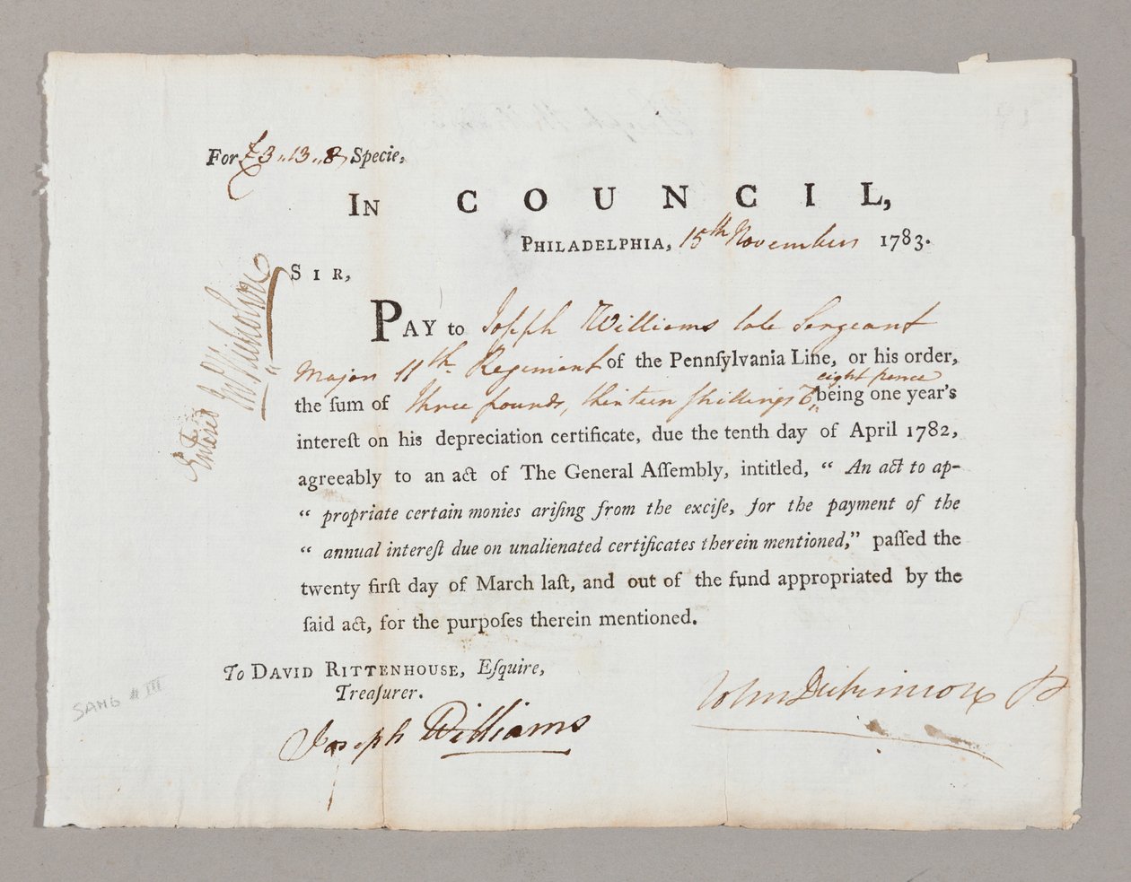 Cheque voor drie pond en dertien shilling aan Joseph Williams, 13 november 1783 door American School