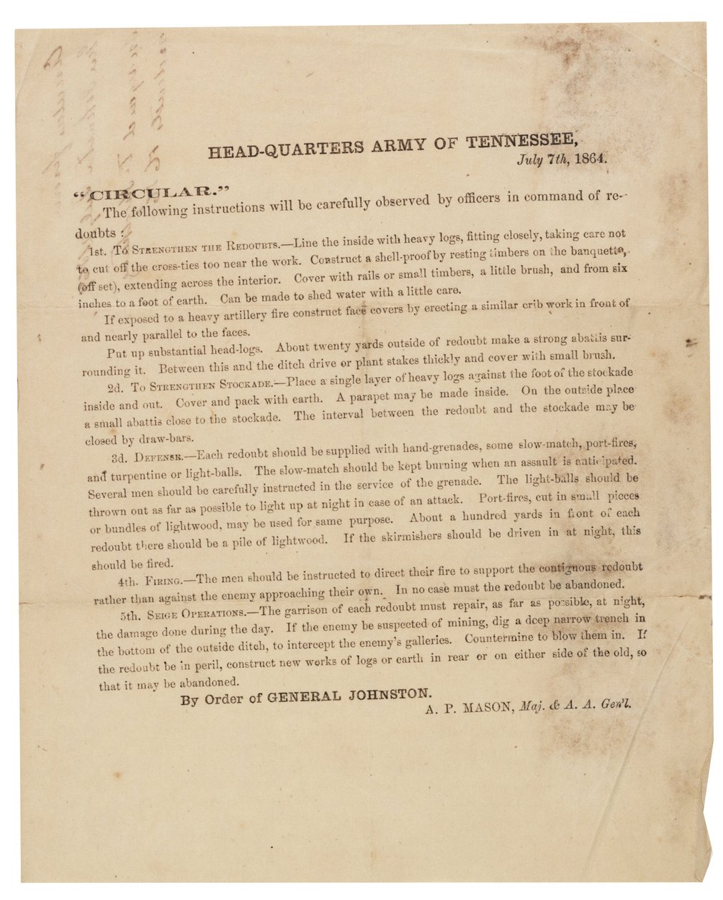 Circulaire betreffende de bouw en versterking van redoutes gebruikt door het Leger van Tennessee, 7 juli 1864 door American School