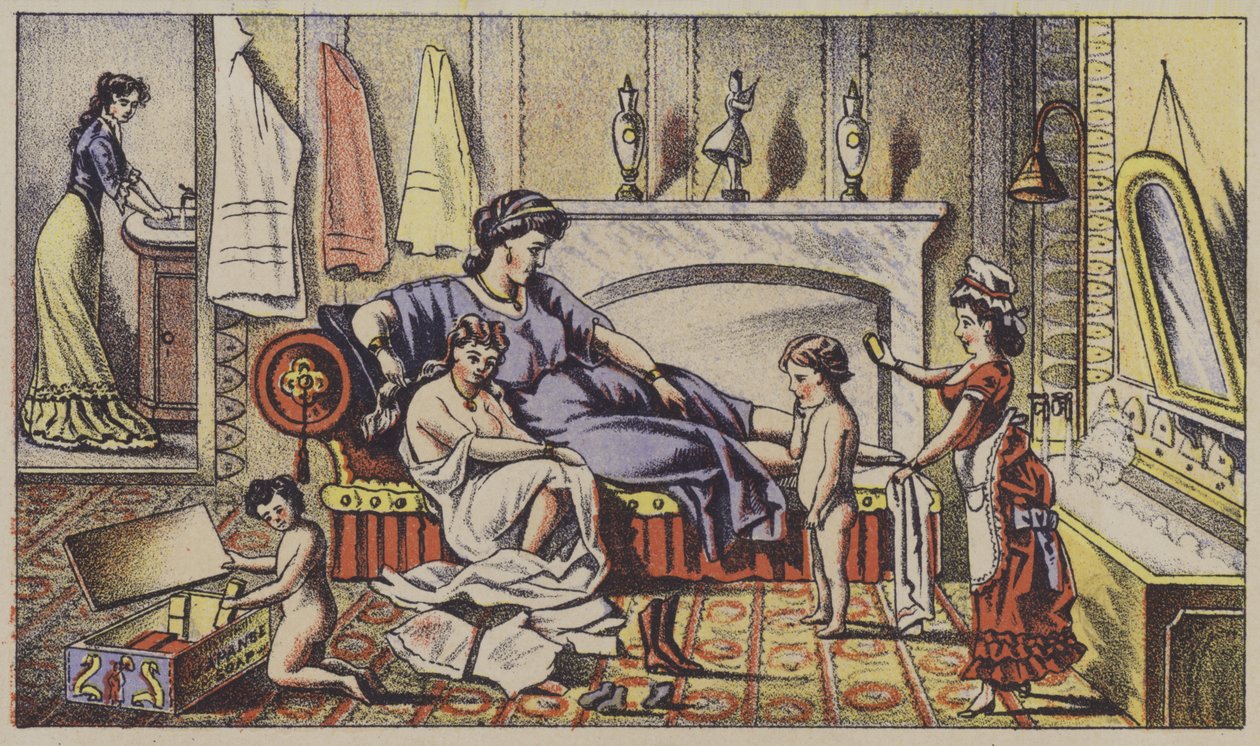 Klassieke personages in modern huis, reclamezeep (chromolitho) door American School