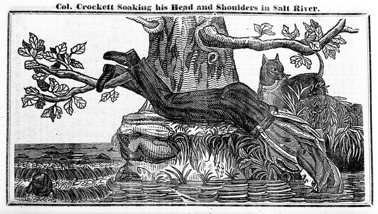 Kolonel Davy Crockett die zijn hoofd en schouders in de Zout Rivier dompelt, uit Crocketts Almanak, 1837 door American School