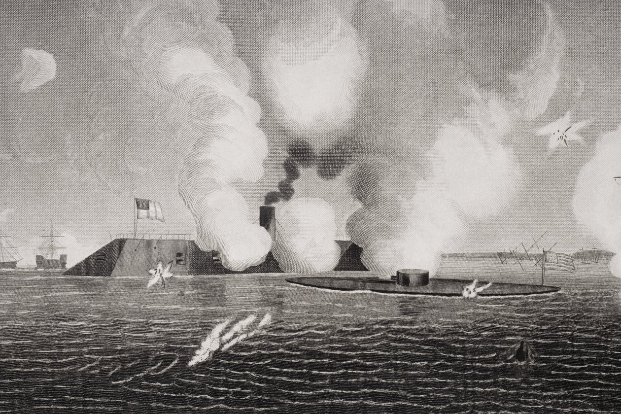 Gevecht tussen de Geconfedereerde CSS Virginia (links) en de Unie USS Monitor (rechts) op 9 maart 1862 bij Hampton Roads, Virginia (detail) door American School
