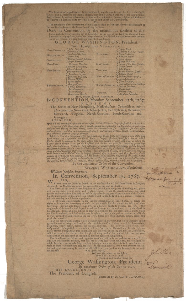 Grondwet, eerste druk, gedrukt door Dunlap & Claypoole, 17-19 september 1787 door American School