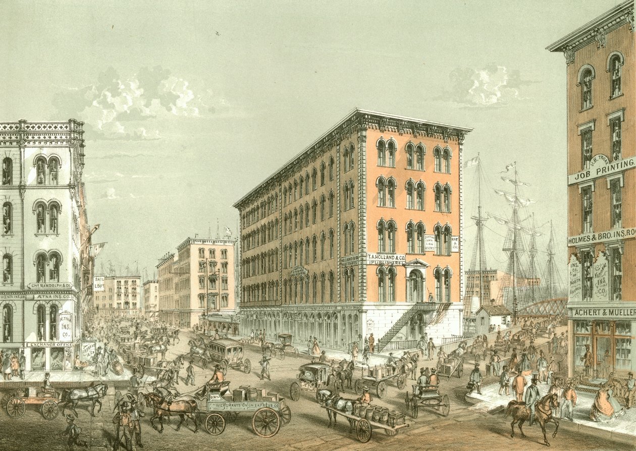 Hoek van Clark en South Water Street, uit Chicago Illustrated, met literaire beschrijvingen door James W. Sheahan, uitgegeven door Jevne & Almini, Chicago, 1866-67 door American School