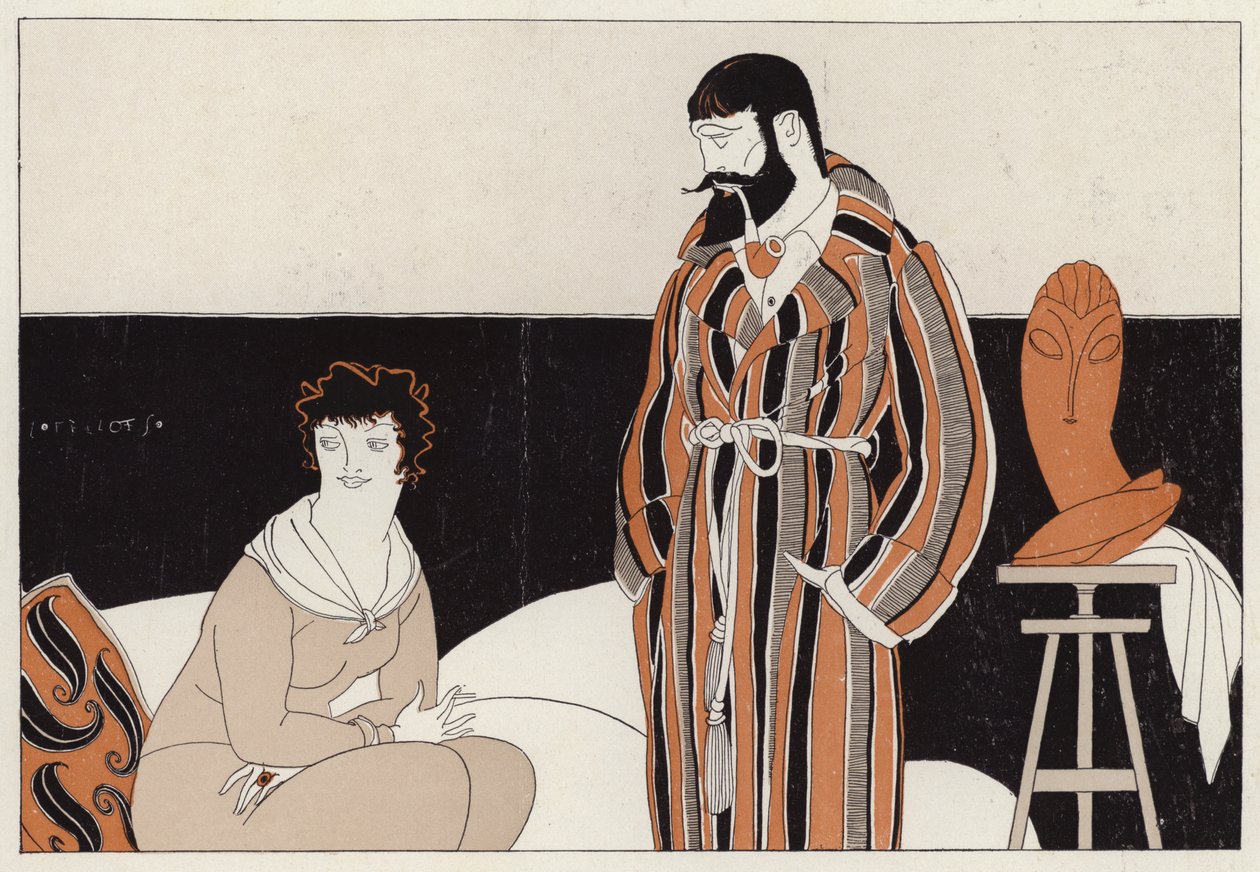 Echtpaar dat de spot drijft met het naast elkaar bestaan van huwelijk en kunst, een scène uit het korte verhaal A Vassal To Art van J A Waldron (kleurenlitho) door American School