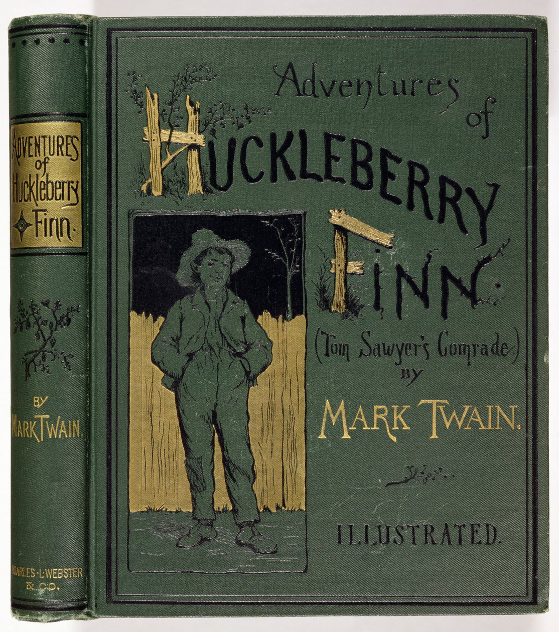 Omslag van Avonturen van Huckleberry Finn door Mark Twain, eerste Amerikaanse editie, gepubliceerd door Charles L. Webster, 1885 door American School
