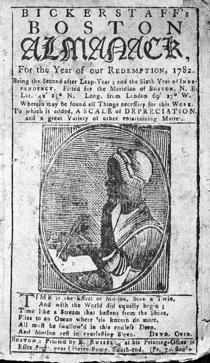Omslag van Bickerstaffs Boston Almanack met een portret van Phillis Wheatley (1753-84) uitgegeven 1782 door American School
