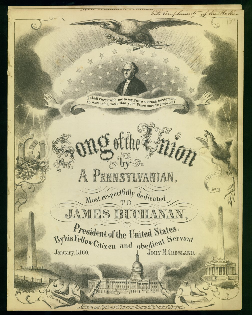 Omslag van Songs of the Union door een Pennsylvaniër..., door John M. Crosland, 1860 door American School