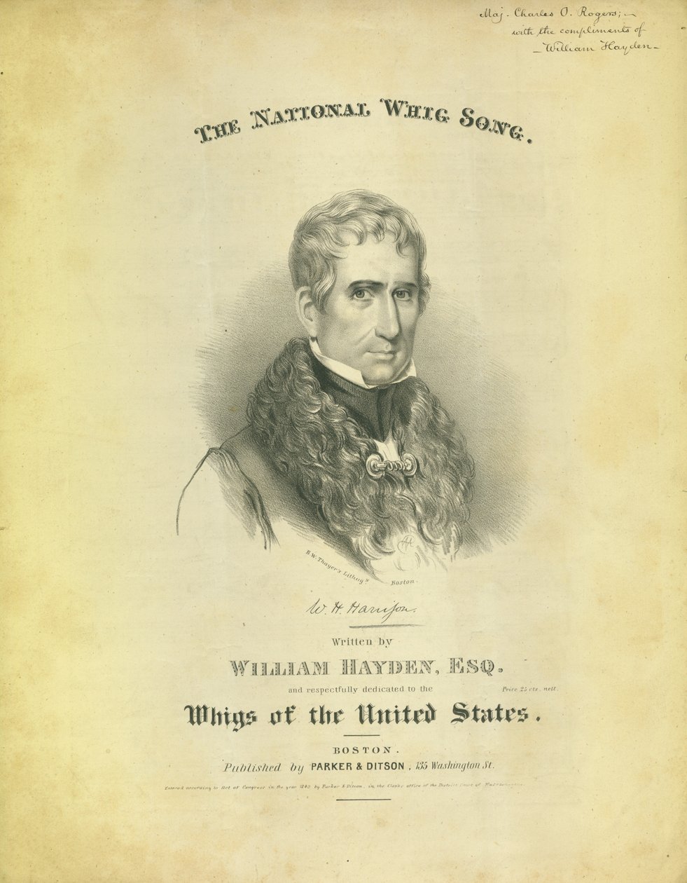 Omslag van het blad The National Whig Song, door William Hayden, uitgegeven door Parker & Diston, Boston, 1840 door American School