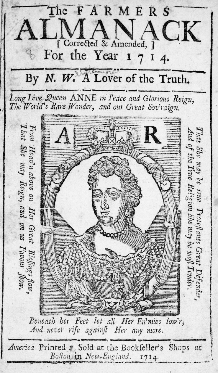 Omslagpagina van The Farmers Almanack, uitgegeven 1714 door American School