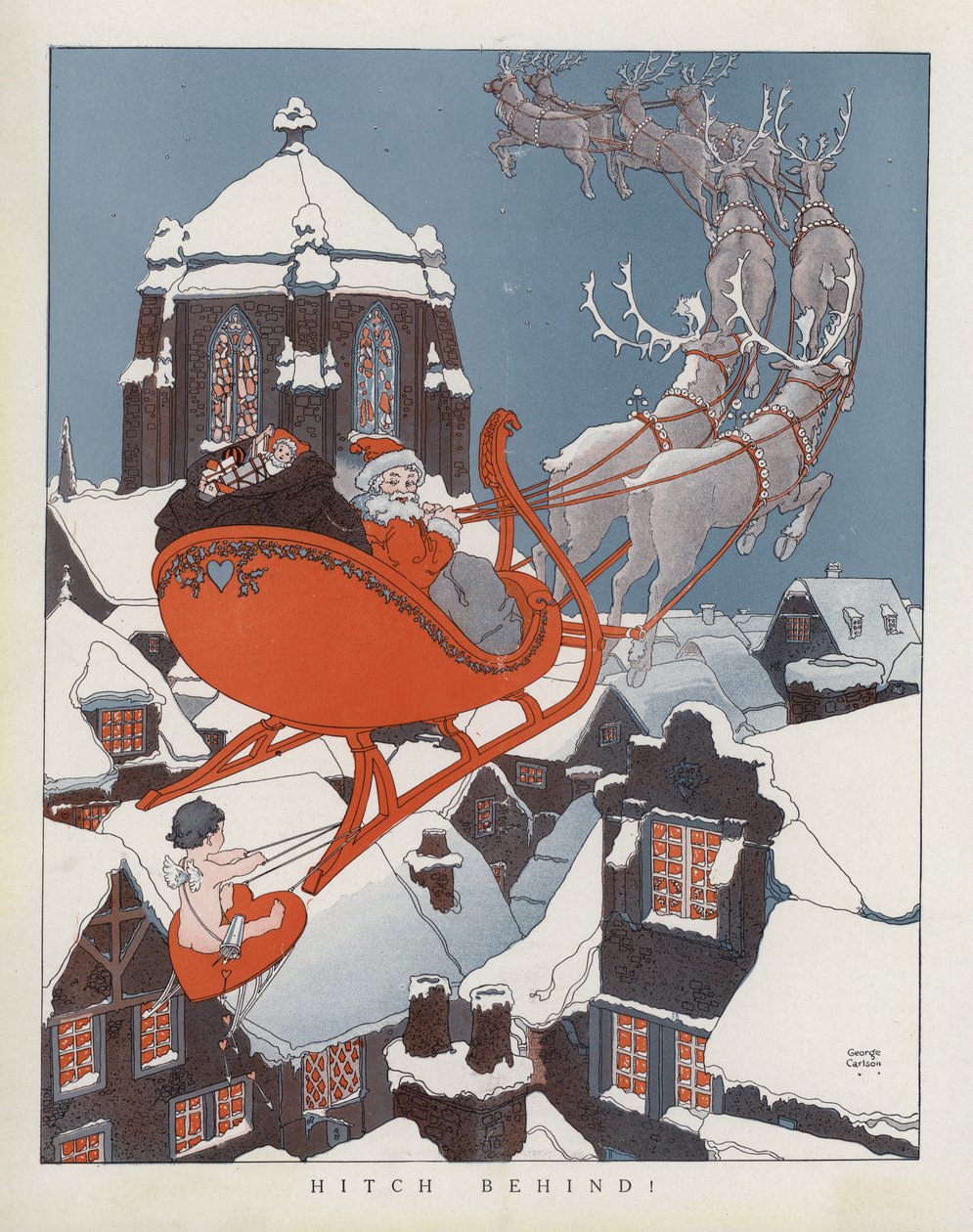 Cupido lift mee op de slee van de kerstman (kleurenlitho) door American School