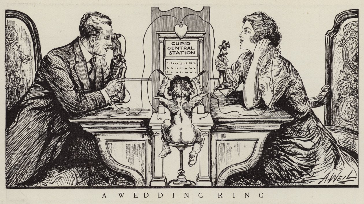 Cupido orkestreert een telefoongesprek tussen een man en een vrouw (litho) door American School