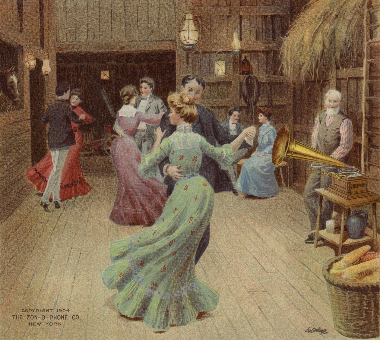 Dansen in een schuur op een fonograaf (kleurenlitho) door American School