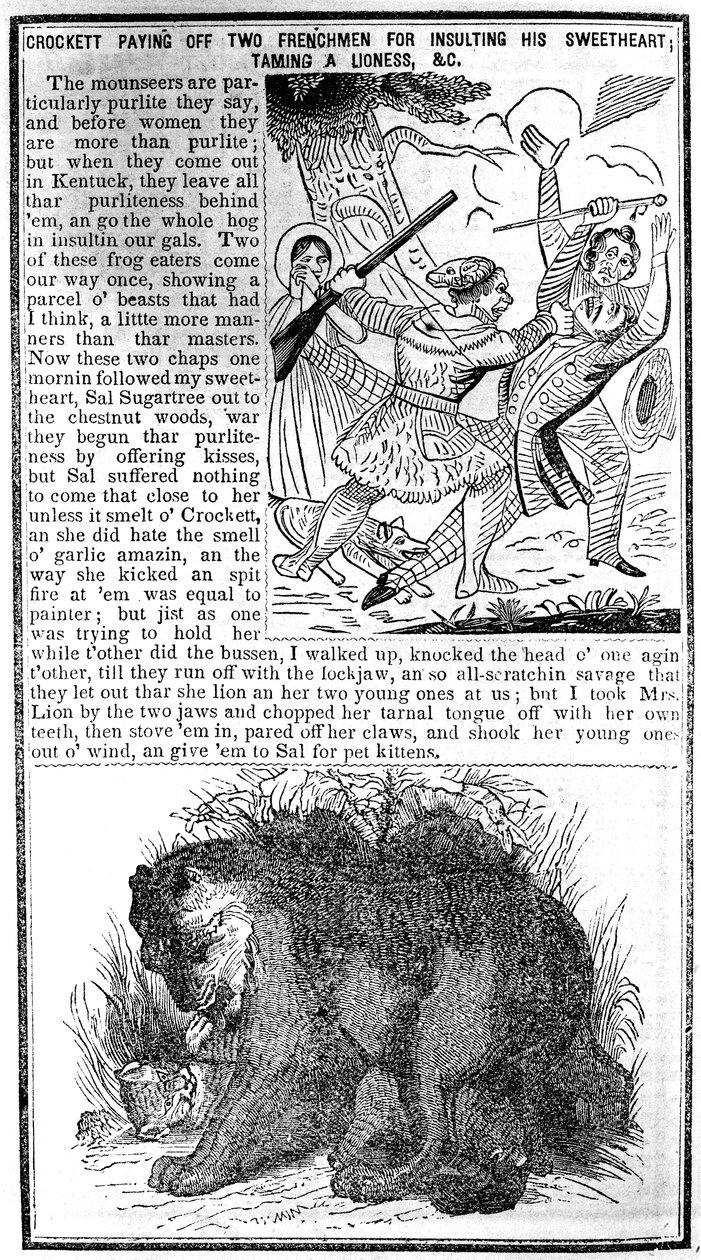 Davy Crockett die twee Fransen afbetaalt voor het beledigen van zijn geliefde, het temmen van een leeuwin, enz., illustratie uit Crocketts Almanak door American School