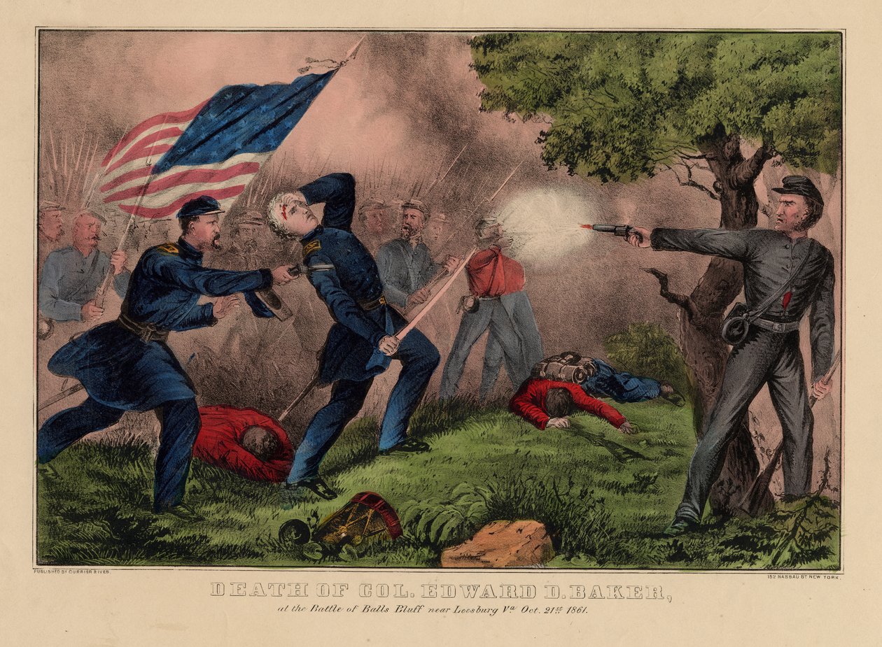 Dood van Col. Edward D. Baker, bij de Slag van Balls Bluff nabij Leesburg VA., 21 oktober 1861, uitgegeven door Currier & Ives, ca. 1861 door American School