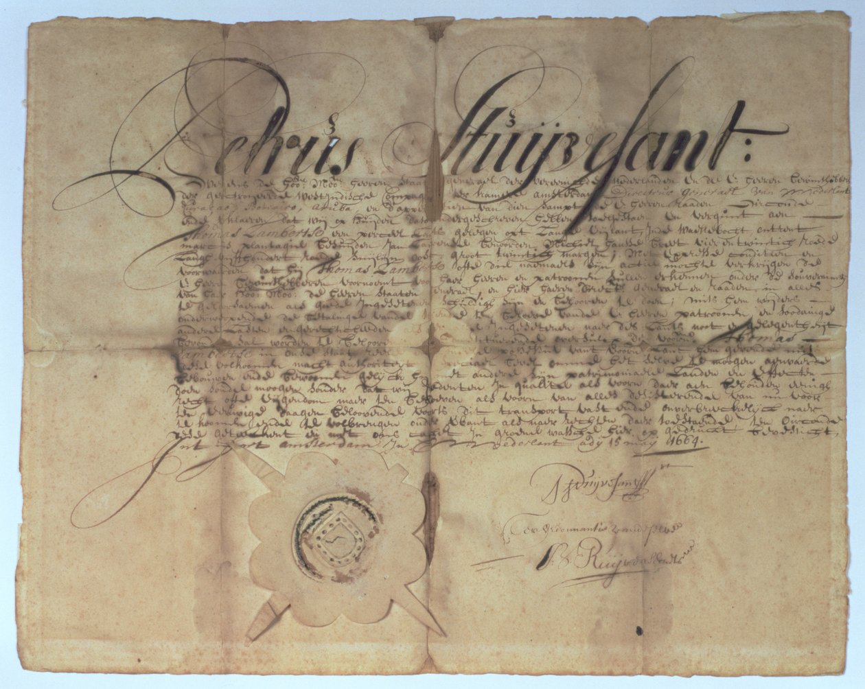 Akte ondertekend door Peter Stuyvesant, Directeur-Generaal van Nieuw-Nederland, 15 mei 1664 door American School