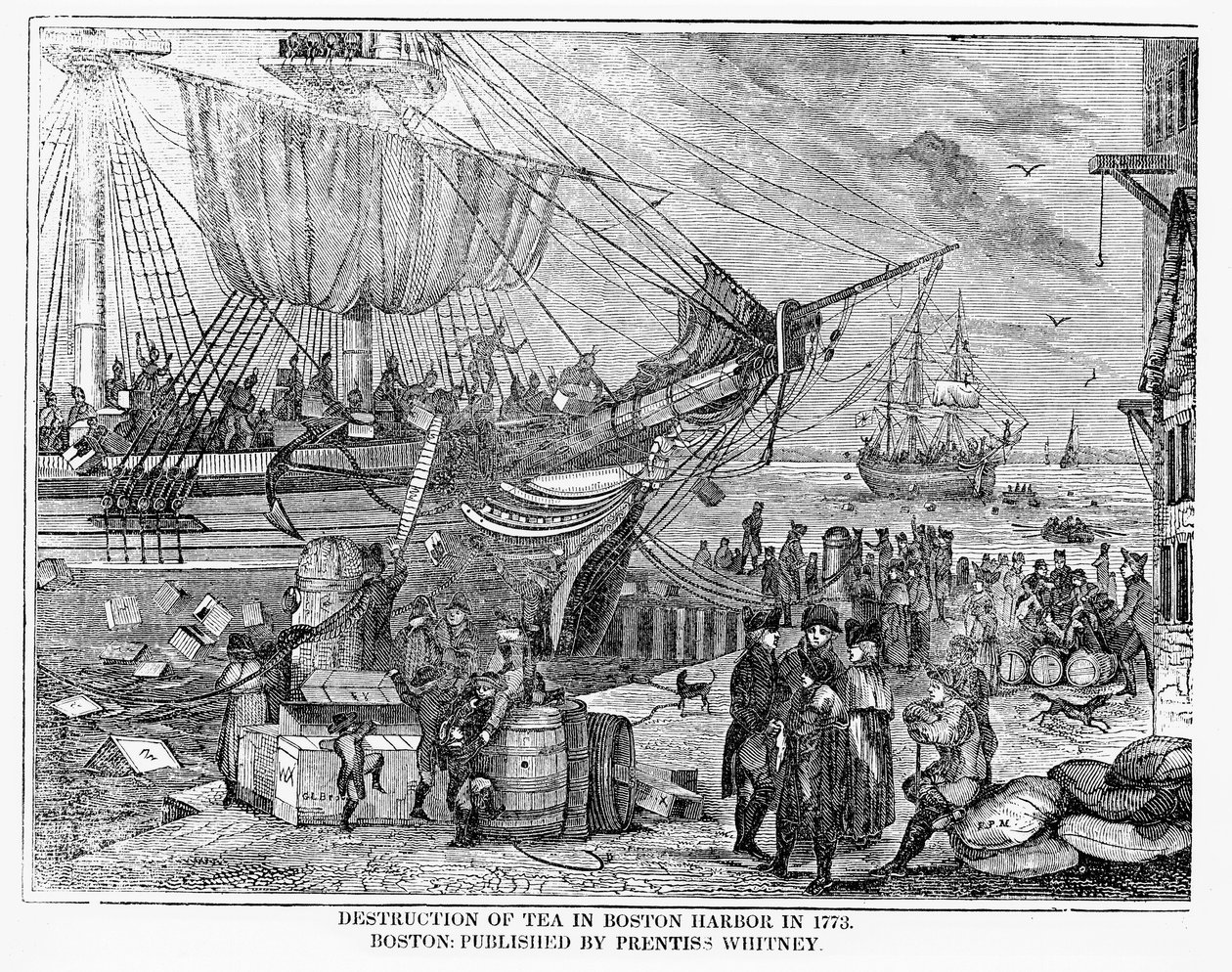 Vernietiging van thee in de haven van Boston in 1773 door American School