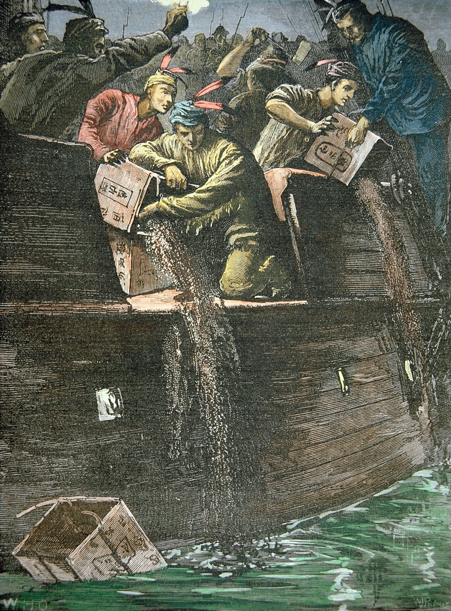 Vernietiging van de theeladingen, bekend als de Boston Tea Party door American School