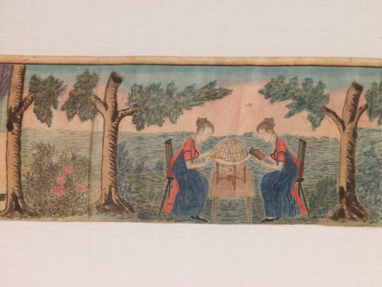 Detail uit een miniatuurpanorama: Scènes uit een seminarie voor jonge dames c.1810-20 (aquarel en inkt op zijde) door American School