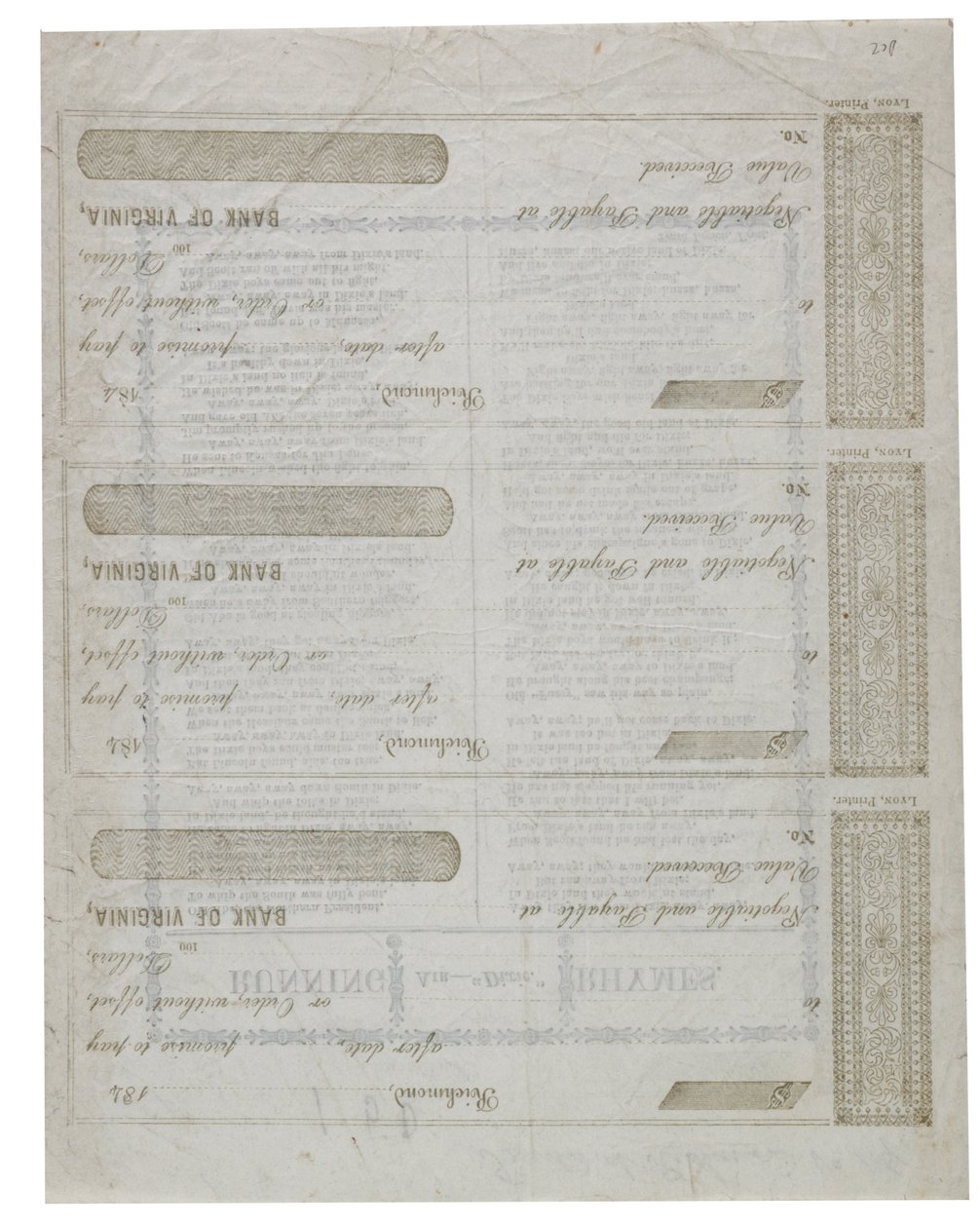 Dixie gedrukt op de achterkant van een vel cheques, 1861 door American School