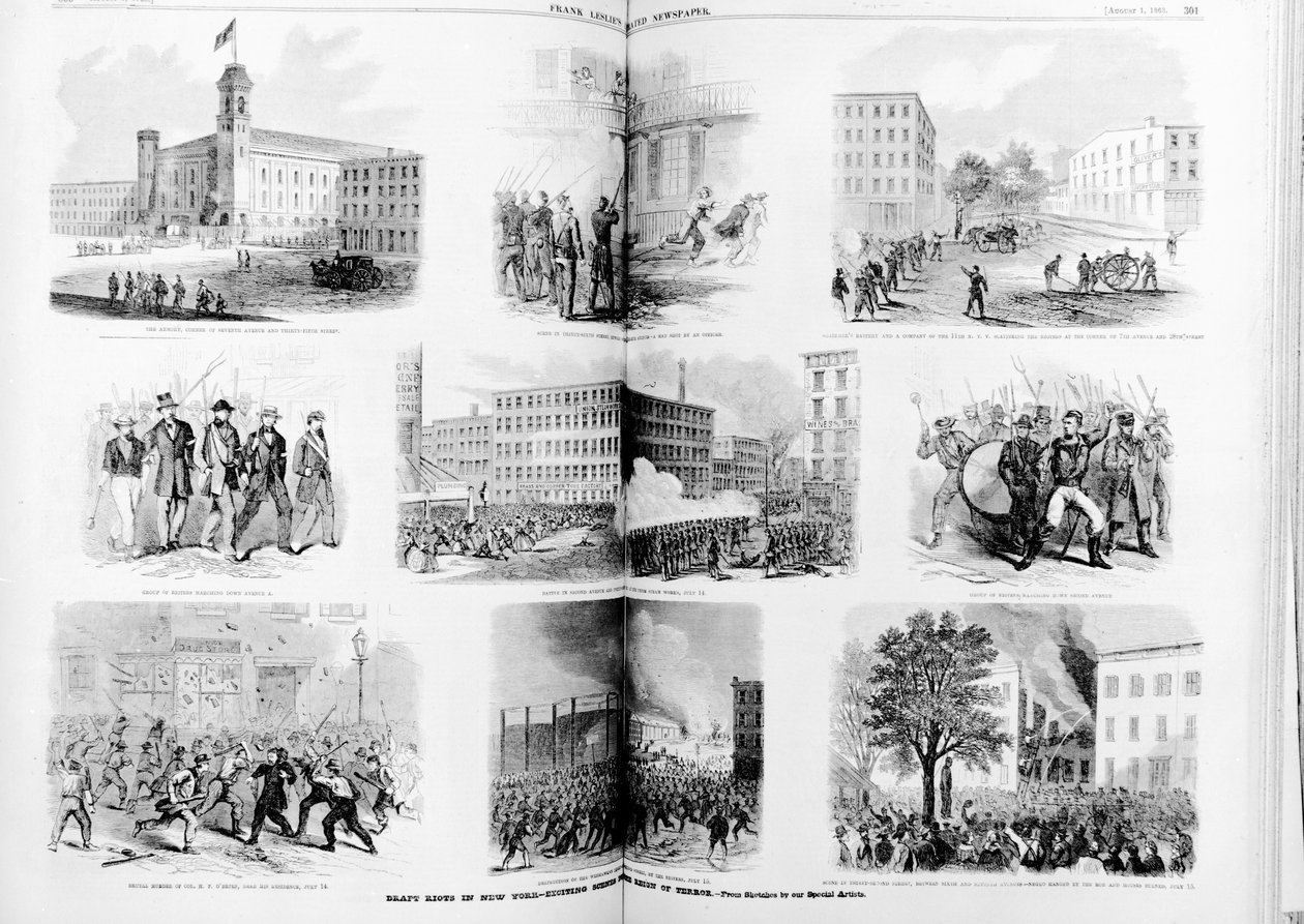 Oproer in New York, opwindende scènes tijdens het schrikbewind, 1863 door American School