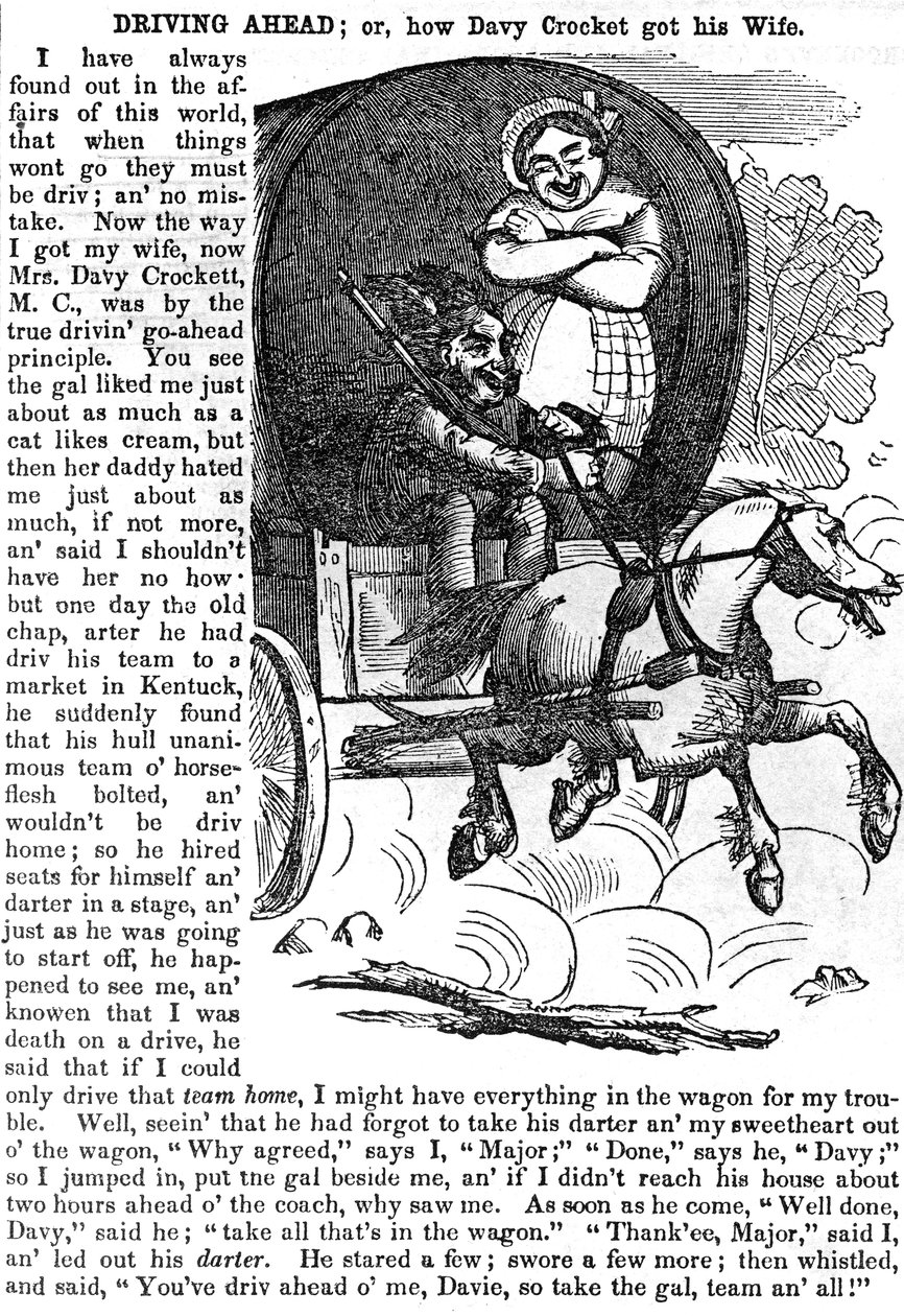 Vooruit rijden, of hoe Davy Crocket zijn vrouw kreeg, uit Crocketts almanak voor 1856, gepubliceerd, New York, 1855 door American School