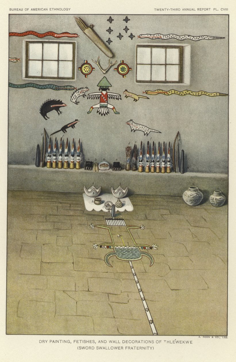 Droogschilderingen, fetisjen en muurdecoraties van Thlewekwe (broederschap van zwaardvechters) (kleurenlitho) door American School