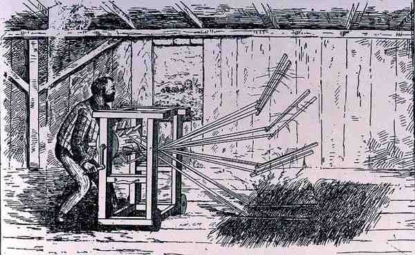 Vroege pogingen tot dorsmachines, illustratie uit The Growth of Industrial Art, 1892, uit The Pageant of America, Vol.3, door Ralph Henry Gabriel, 1926 door American School