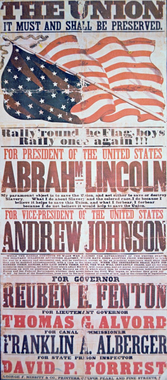 Verkiezingscampagneposter voor Abraham Lincoln (1809-65) voor president en Andrew Johnson (1808-75) voor vice-president door American School